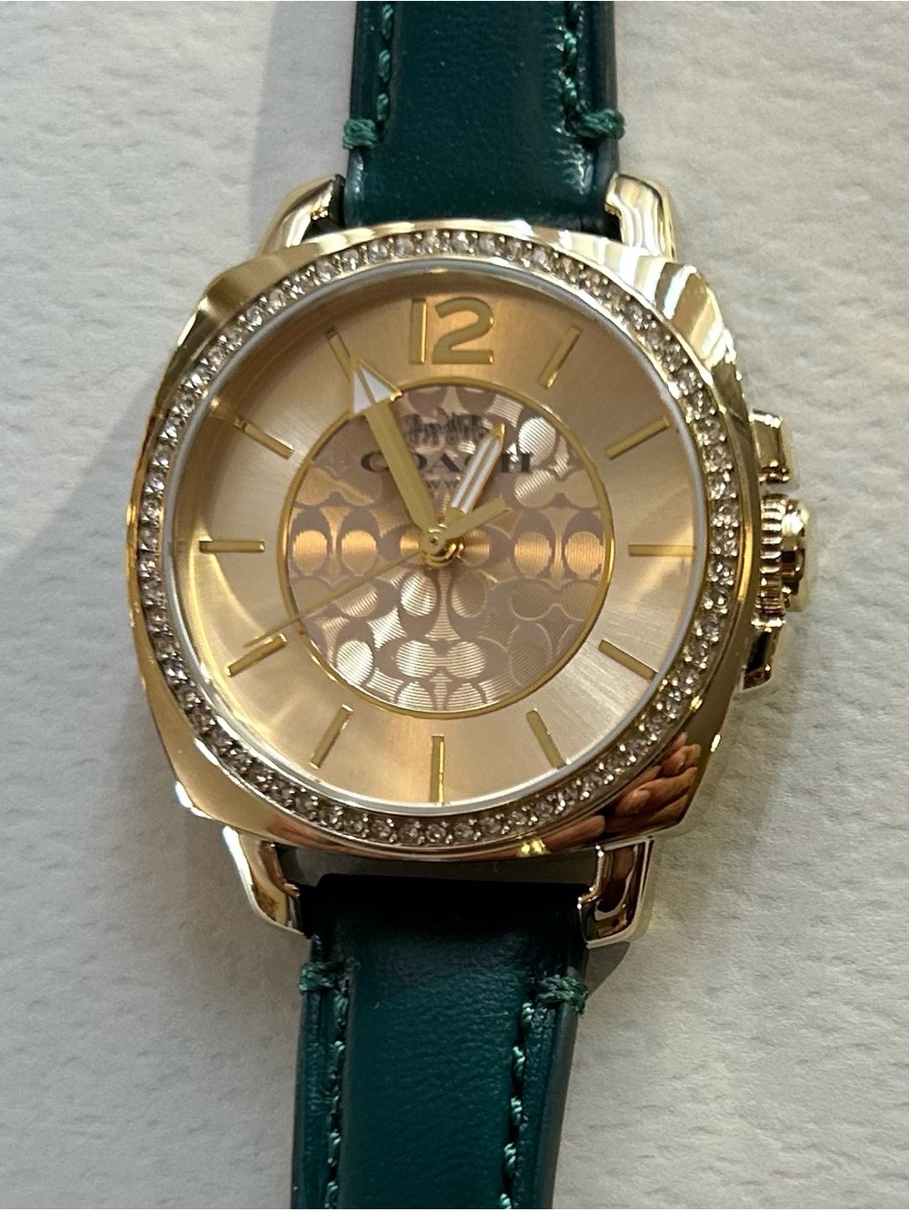 Coach Boyfriend Watch with 34mm Golden Coach Signature Face & Green Band